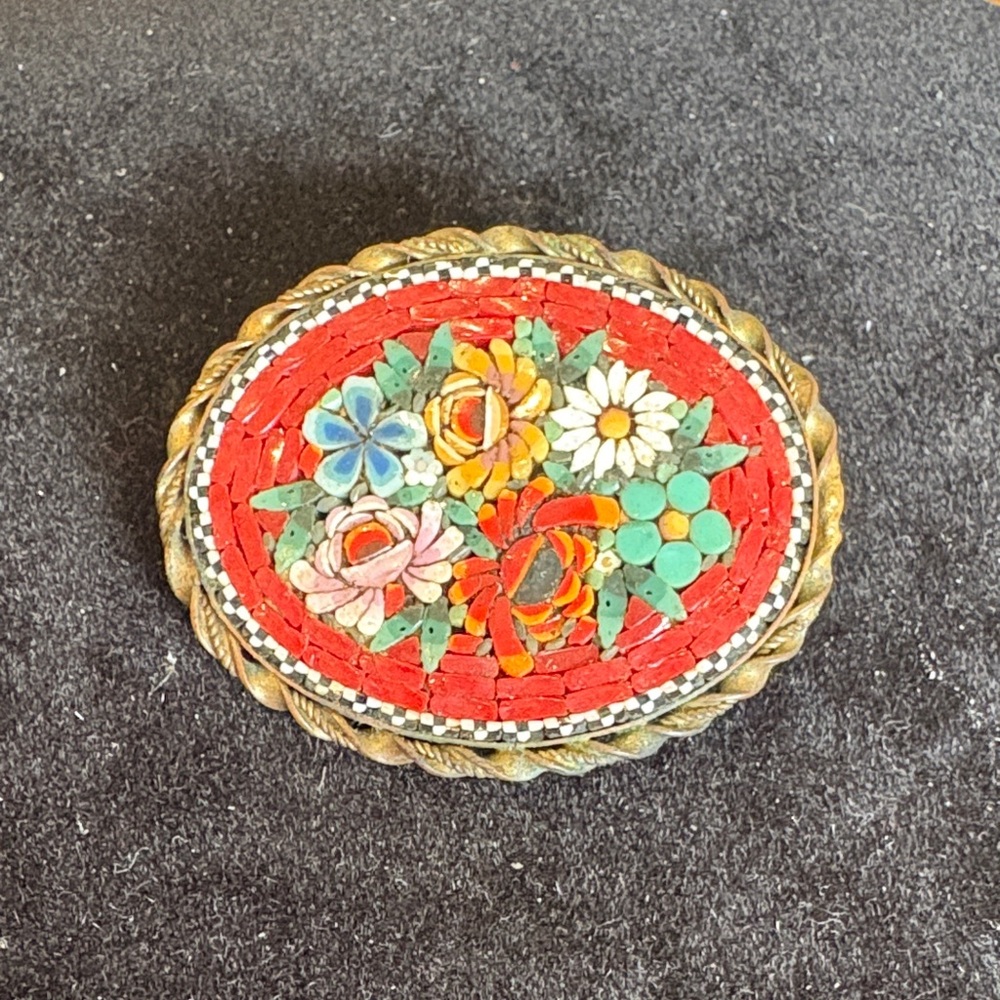 Floral Mosaic Brooch in Red and Gold